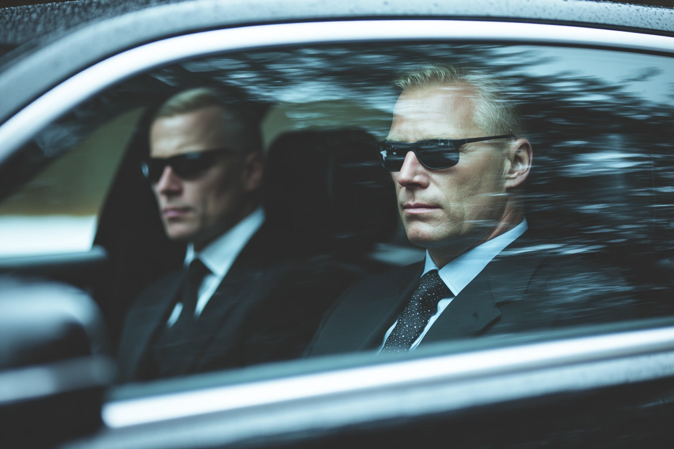 Close protection team escorting client in armored vehicle