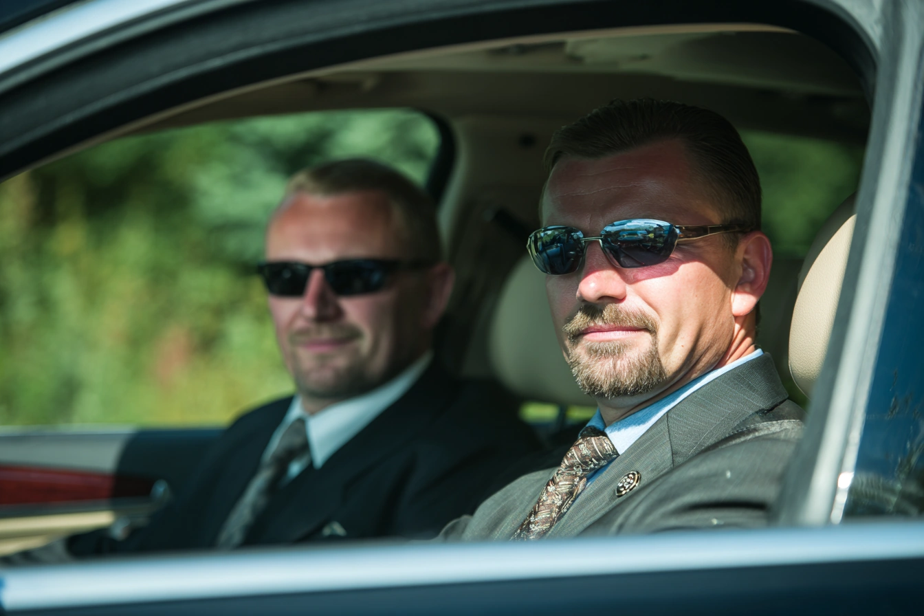 Close protection specialists inside vehicle during VIP escort