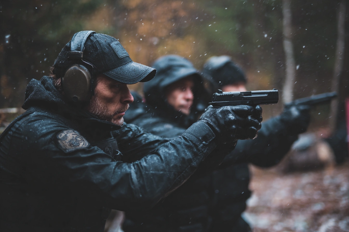 Tactical security unit training with firearms in forest environment