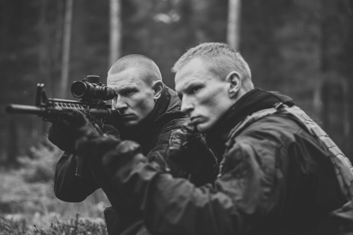 Tactical team practicing rifle engagement in outdoor training environment