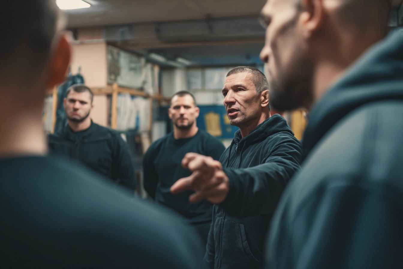 Instructor briefing close protection trainees during tactical training session