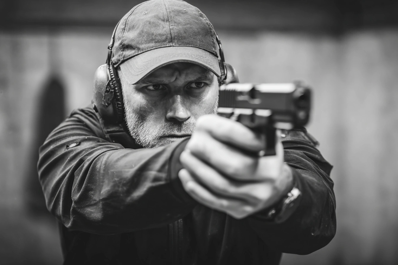 Close protection specialist aiming handgun during tactical shooting training