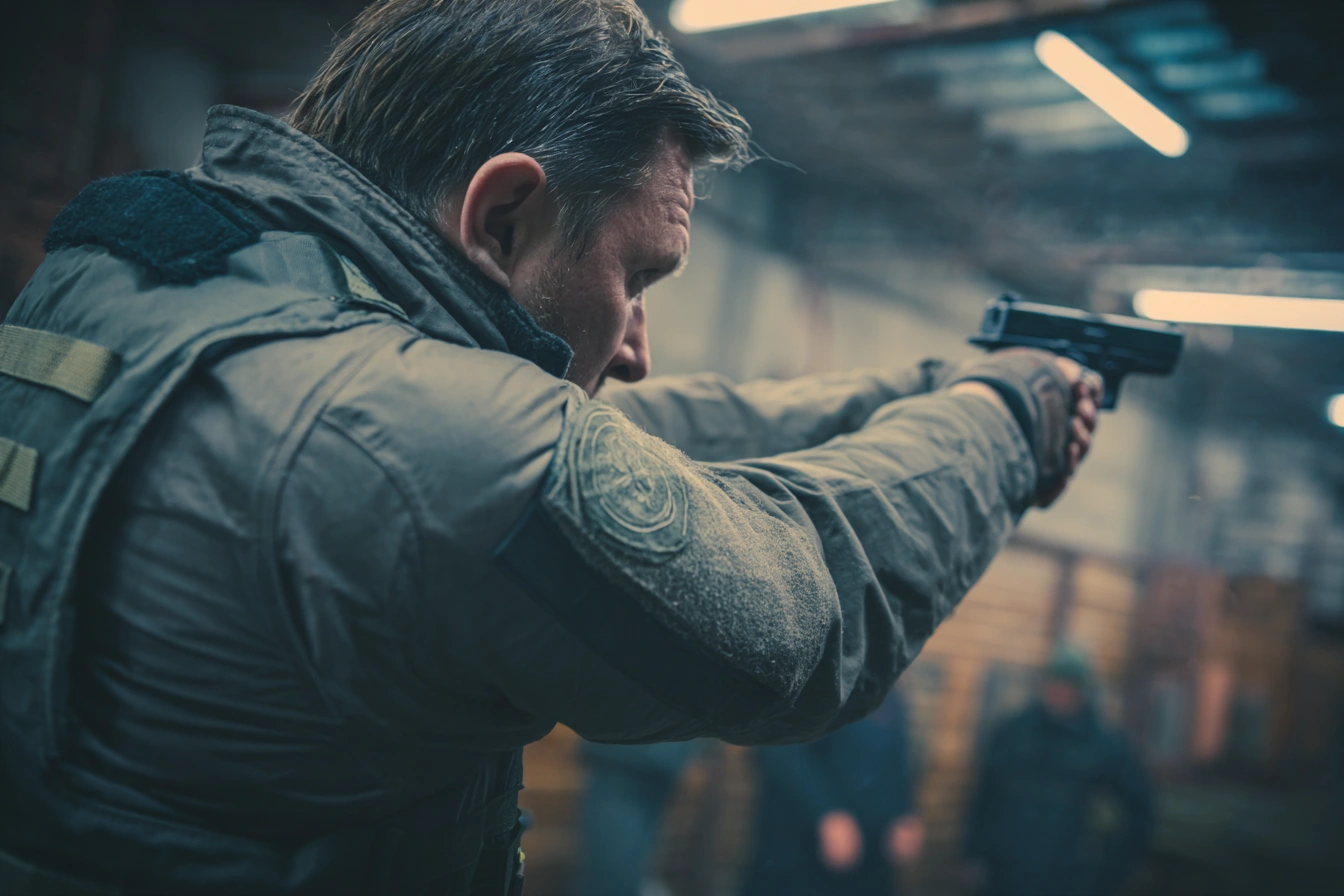 Armed security professional training with handgun in controlled environment