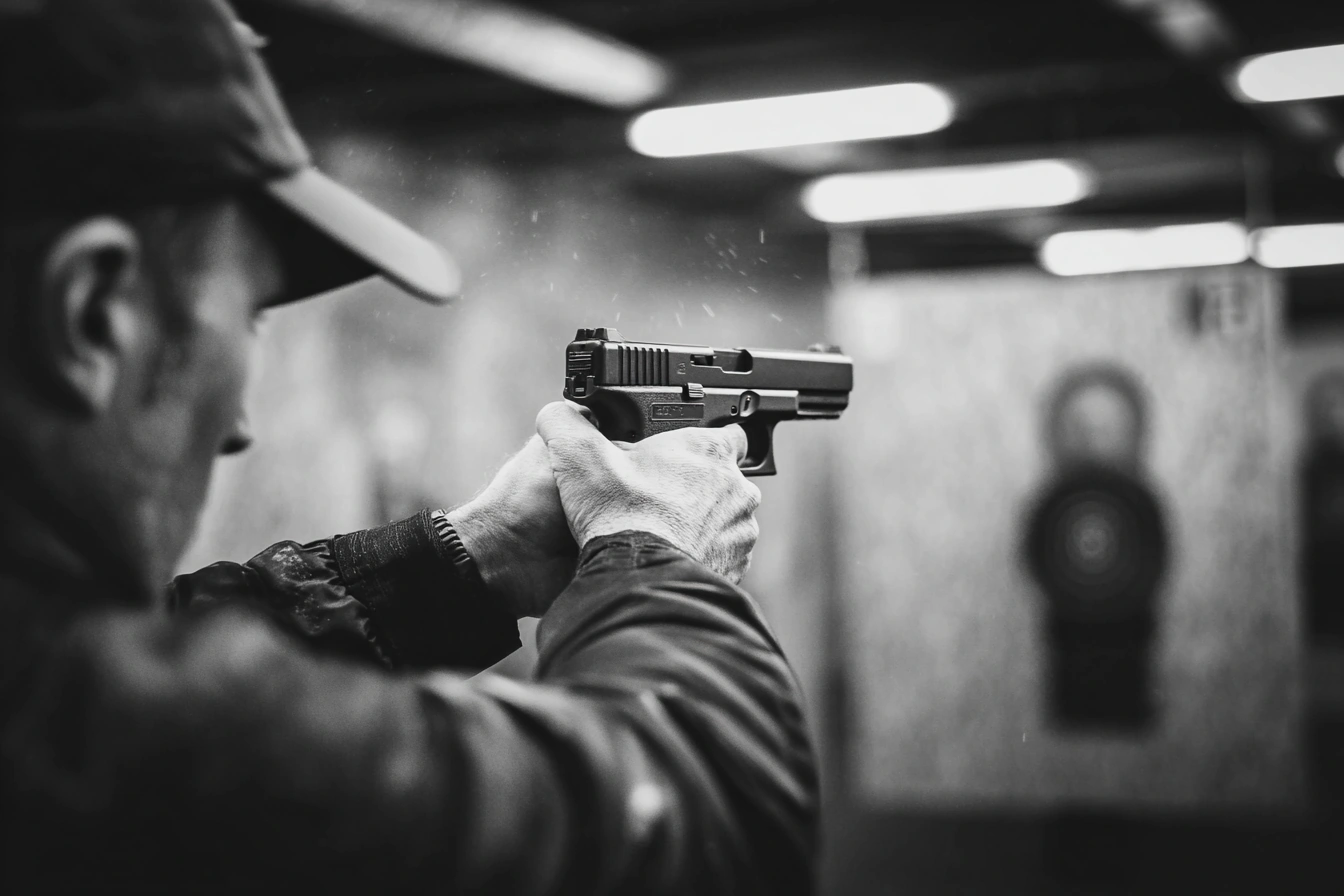 Security officer conducting handgun training at indoor shooting range