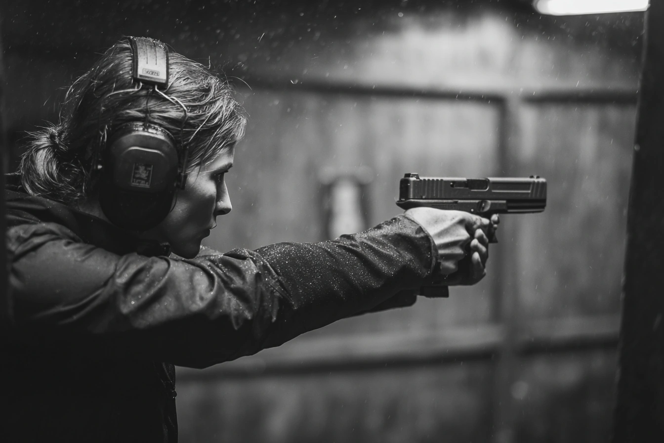 Female close protection specialist practicing pistol shooting at shooting range