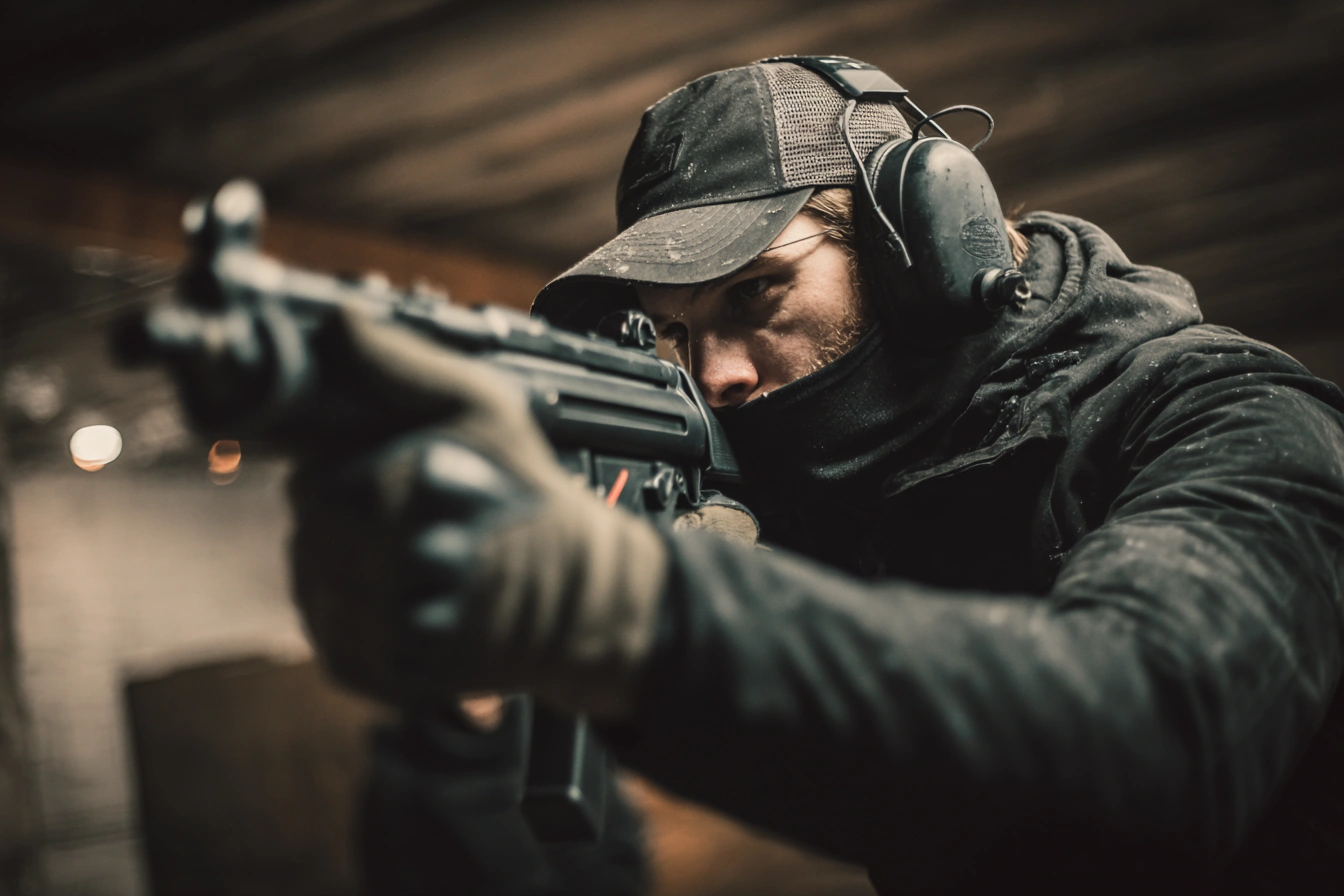 Professional shooter aiming firearm during indoor tactical training